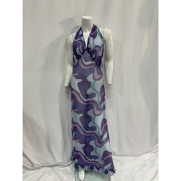 Adriana Degreas Wave Halterneck 'Frilled' Purple Polyester Long Dress Size S - Picture 2 of 5